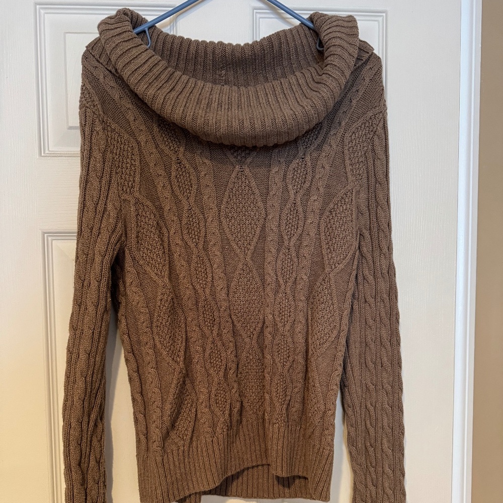 Jeanne Pierre brown cotton ultra wide turtleneck cable knit cotton sweater